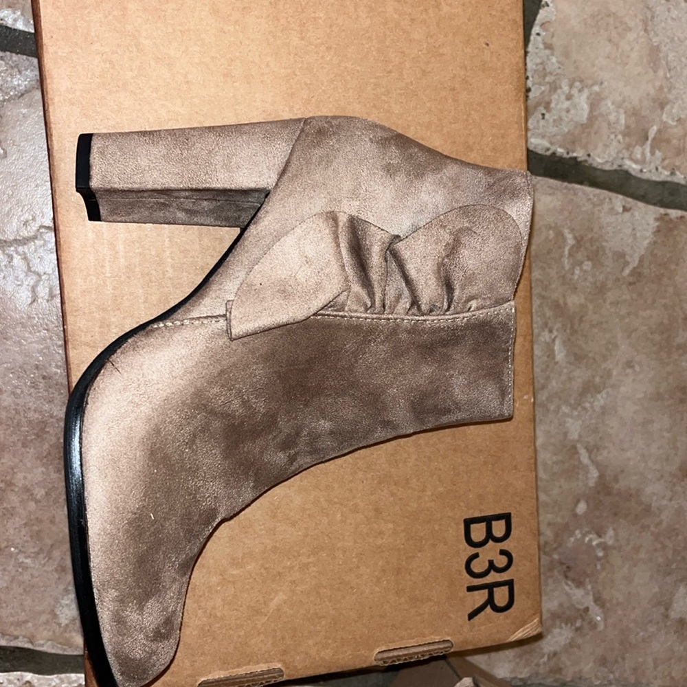 Ruffle Suede Bootie - Khaki. SZ 7.5. Never worn. New in box.